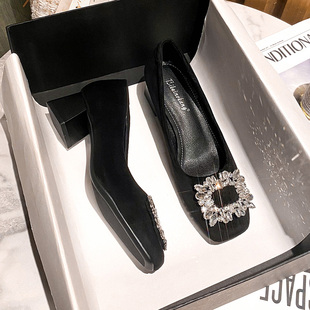 小香风水钻方头单鞋女2024年新款春秋一脚蹬晚晚鞋小码女鞋33 34