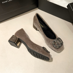 貂毛毛鞋女秋冬加绒外穿棉鞋高跟粗跟法式单鞋女2025新款大码女鞋