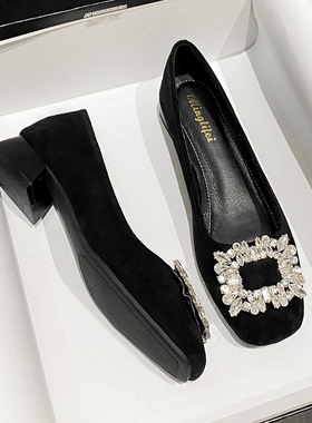 法式粗跟低跟水钻方头秋季单鞋女2025年新款大码女鞋41-43宽肥脚