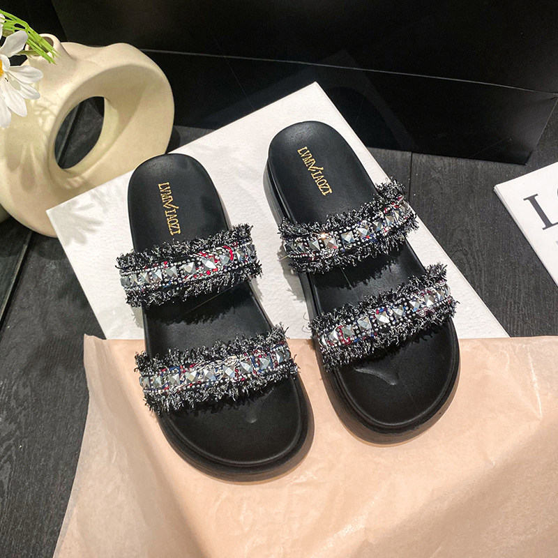 粗跟厚底增高水钻一字拖鞋女夏季外穿防滑防滑凉拖大码女鞋41-43,女鞋,一字拖,淘宝优惠券,粉丝福利购,淘宝优惠卷