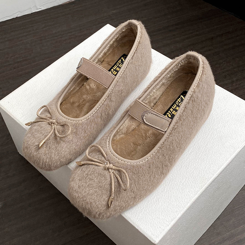 单鞋法式蝴蝶结加绒保暖毛毛鞋女