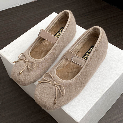 单鞋法式蝴蝶结加绒保暖毛毛鞋女