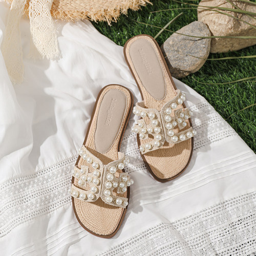 珍珠法式平底配裙子拖鞋女