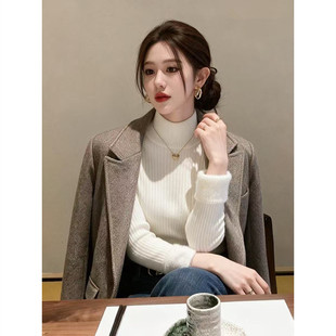 韩系ins半高领加厚针织打底衫女秋冬装时尚洋气一体加绒保暖毛衣