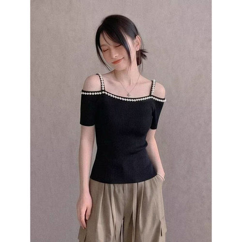 纯欲辣妹一字肩短袖钉珠吊带女夏