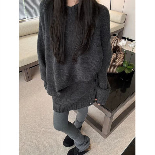 慵懒风针织套装女2026秋冬超好看宽松宽松毛衣+高腰短裙子两件套