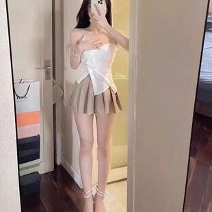 纯欲内搭一字肩上衣百褶裙两件套装 甜辣妹纯欲白色抹胸背心女夏季