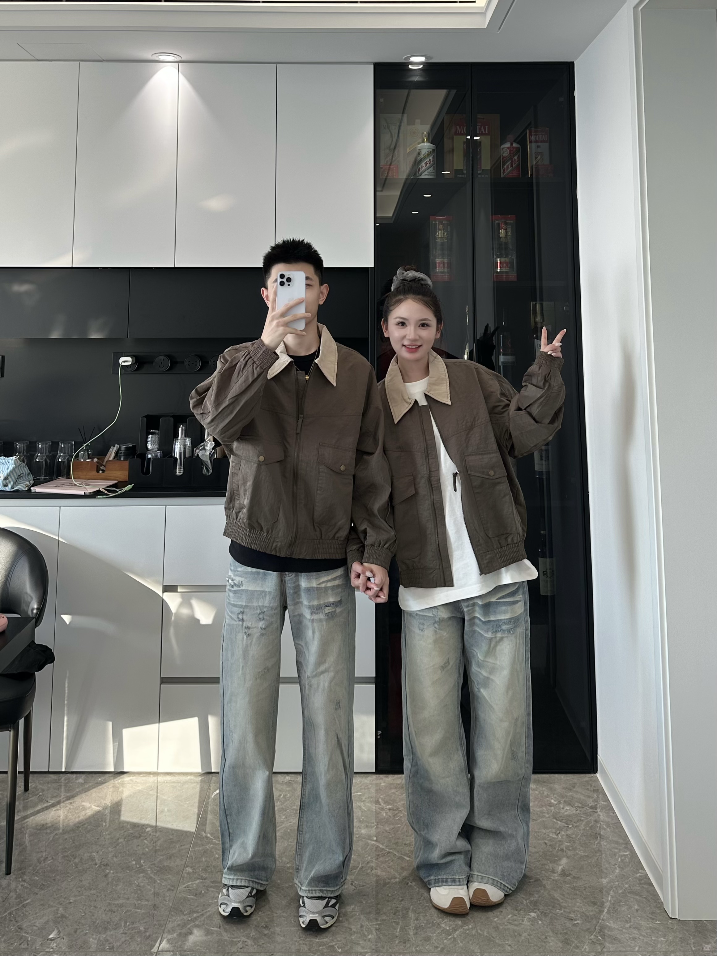 3KU夫妇秋季新款撞色翻领工装拉链夹克外套男女情侣百搭潮流上衣
