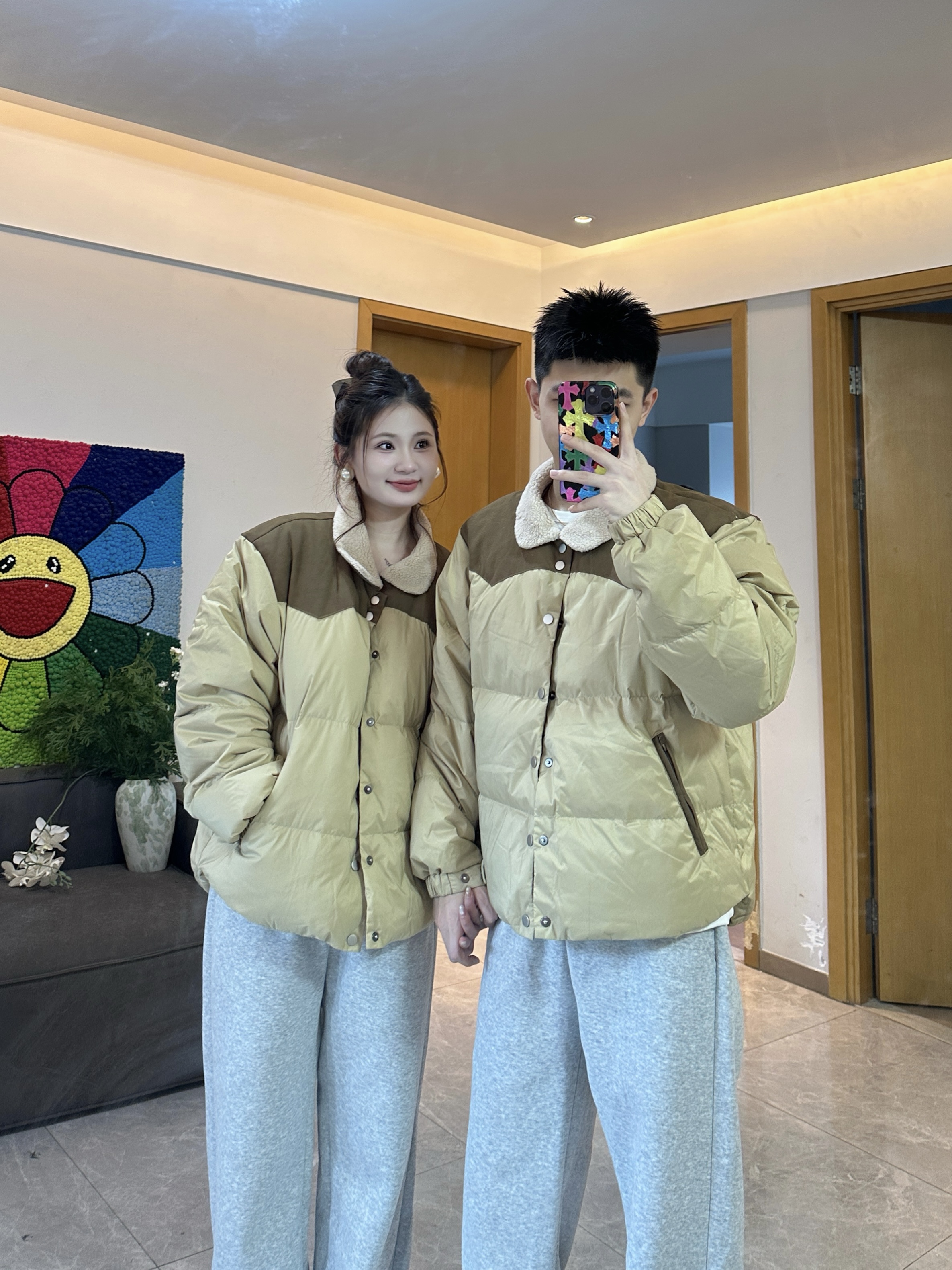 3KU夫妇冬季新款翻领拼接撞色白鸭绒羽绒服外套男女同款保暖加厚