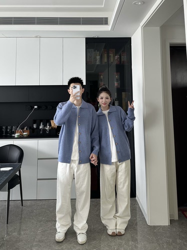 3KU夫妇秋季新款百搭纯色翻领针织毛衣开衫外套男女情侣百搭上衣