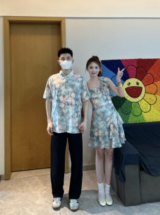 3KU夫妇夏季新款碎花衬衫短袖一衣一裙情侣装碎花吊带连衣裙短裙