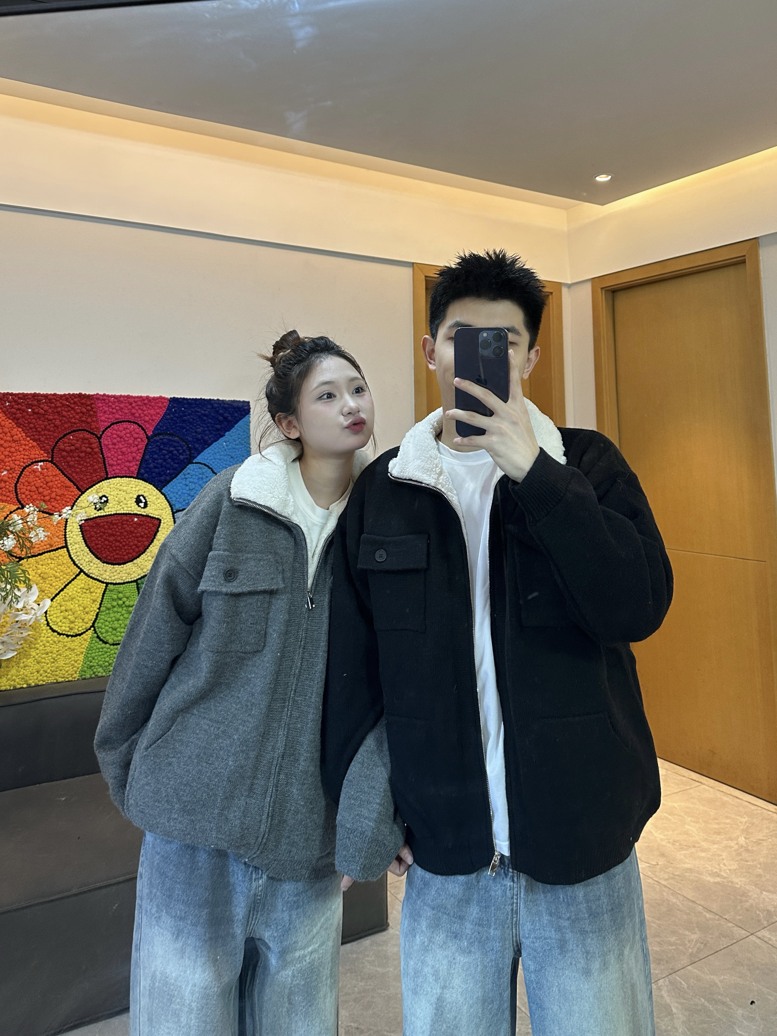 3KU夫妇冬季新款羊羔毛领毛衣加绒加厚保暖棉衣外套男女同款棉服