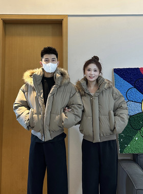 3KU夫妇冬季加厚保暖棉衣连帽毛领PU皮棉服男女情侣短款外套潮流