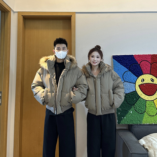 3KU夫妇冬季加厚保暖棉衣连帽毛领PU皮棉服男女情侣短款外套潮流