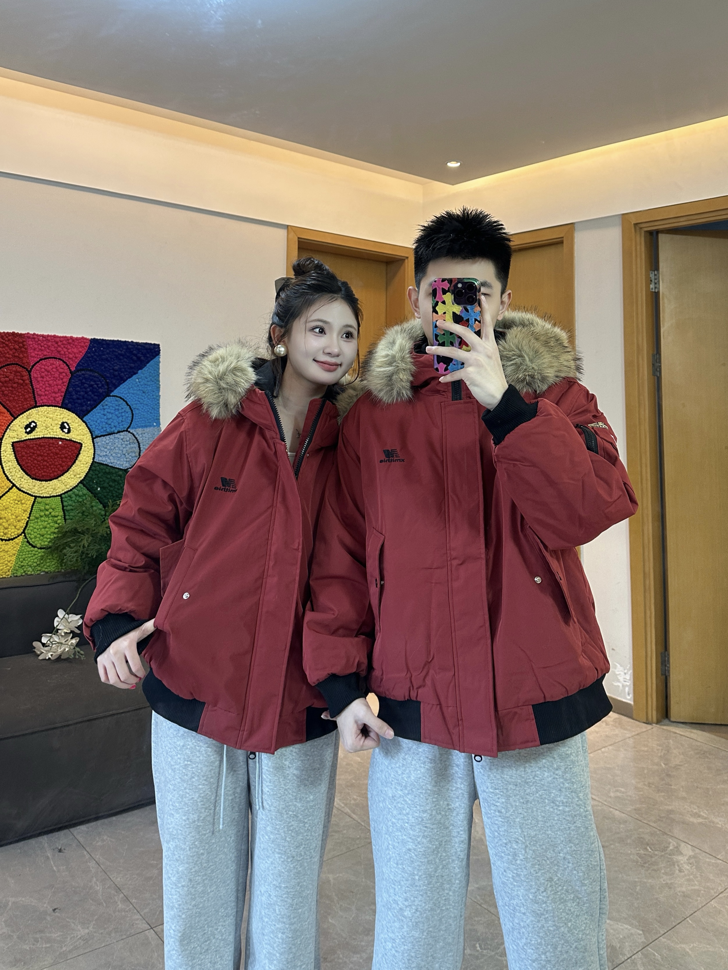 3KU夫妇冬季新款加厚保暖连帽大毛领棉服外套男女同款棉衣上衣潮