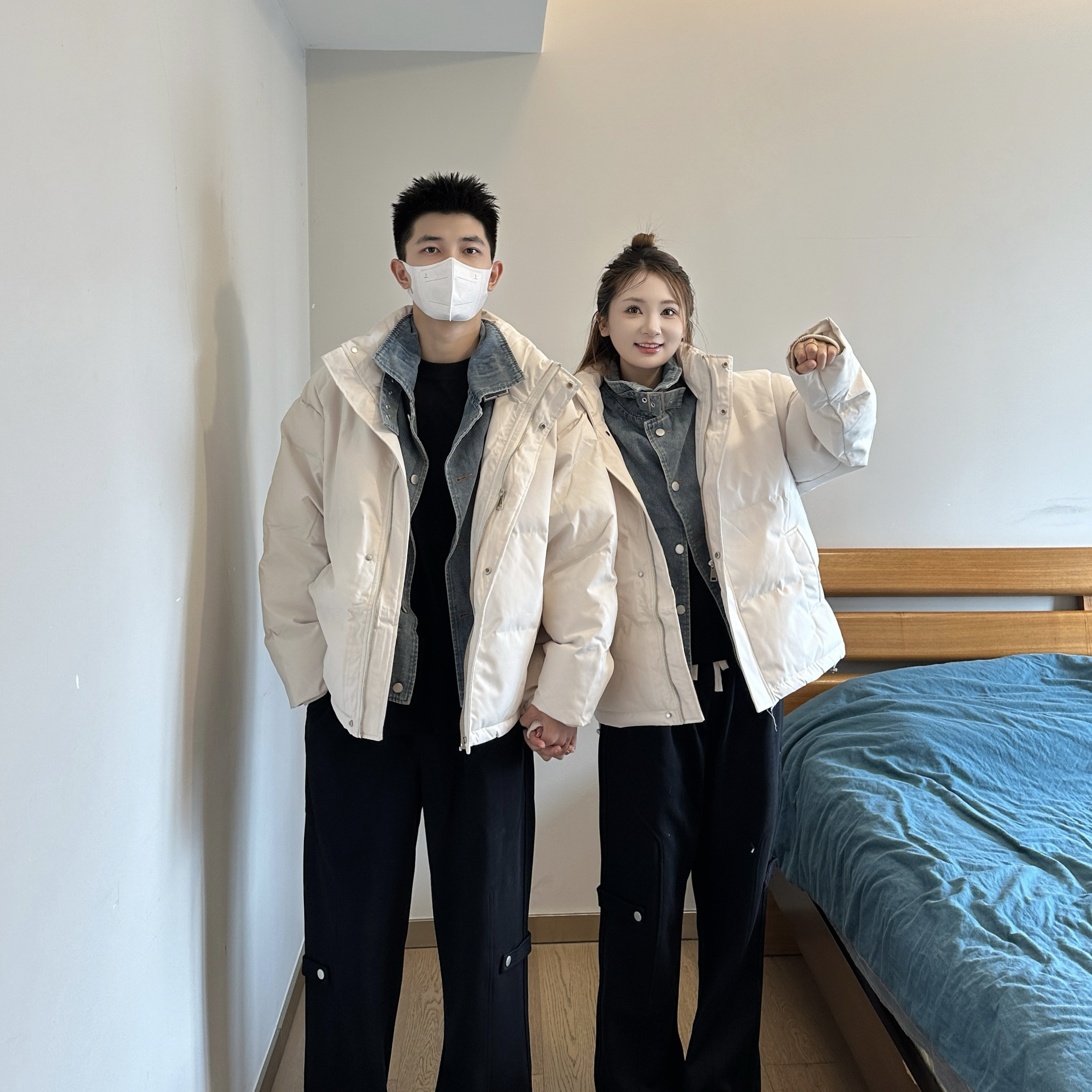 3KU夫妇冬季加厚立领假两件棉服外套男女情侣时尚百搭保暖棉衣潮