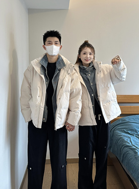 3KU夫妇冬季加厚立领假两件棉服外套男女情侣时尚百搭保暖棉衣潮