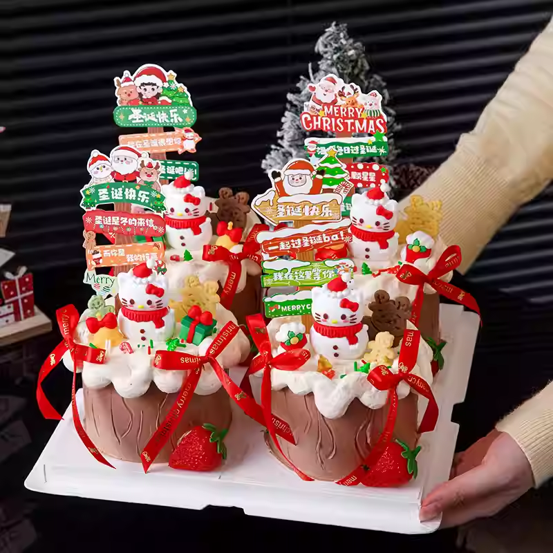 2025圣诞节蛋糕装饰指路牌插件软胶KT猫摆件蝴蝶结丝带烘焙装扮