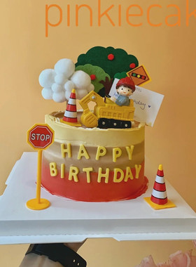 烘焙蛋糕装饰 黄色挖掘机推土机小孩玩偶摆件工程车主题生日蛋糕