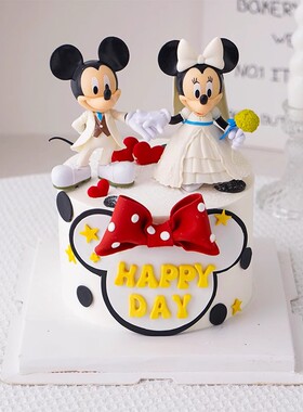 创意婚庆蛋糕装饰白色礼服婚纱米奇米妮公仔手办结婚烘焙摆件插件