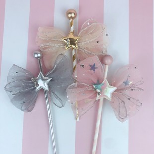 网红柱蝴蝶结星星烘焙蛋糕装饰生日插件少女心插牌ins风蛋糕摆件
