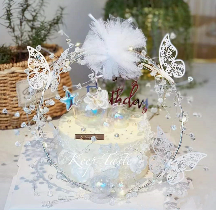 烘焙蛋糕装饰水晶珍珠铁艺圆环装饰摆件蝴蝶挂珠情景蛋糕布置