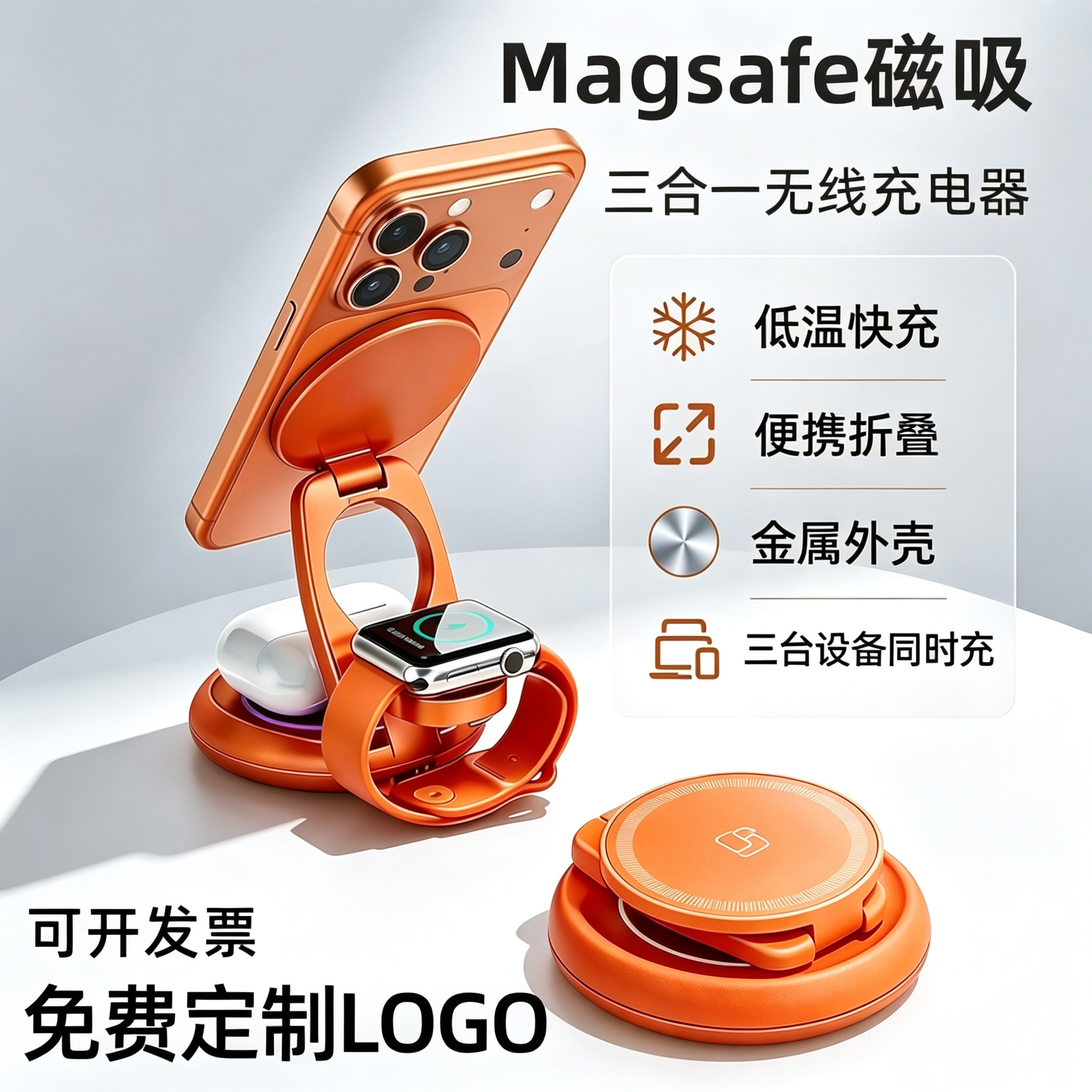 企业LOGO定制360°旋转磁吸三合一无线充电器适用Watch苹果安卓手机耳机手表快充金属底座高端商务会议赠礼图片