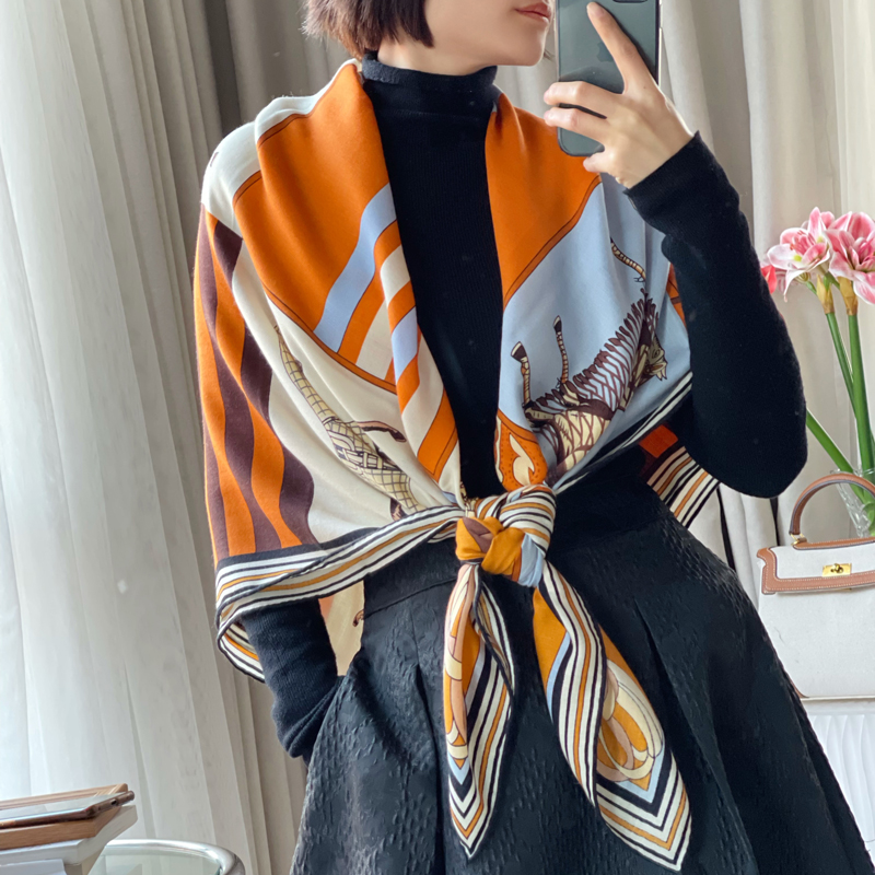 【骏马披挂】秋冬真丝桑蚕丝羊毛130单面大方巾保暖围巾女披肩