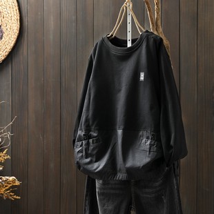 上衣女2025新款爆款早秋M字母设计感双口袋宽松休闲大版长袖卫衣