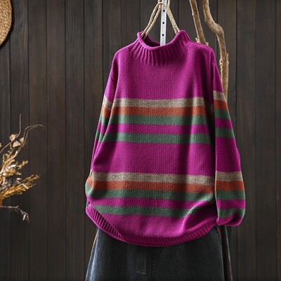 毛衣女2026新款冬秋棉线针织半高领条纹洋气文艺宽松内搭套头毛衫
