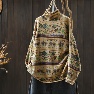 针织毛衣女秋新款 2025半高领印花慵懒风宽松复古独特超好看针织衫