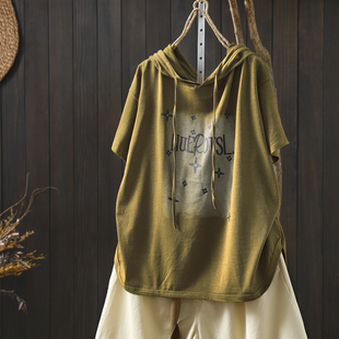 超火小众不撞款夏季连帽字母印花适合胖mm巨显瘦大码黄色t恤上衣