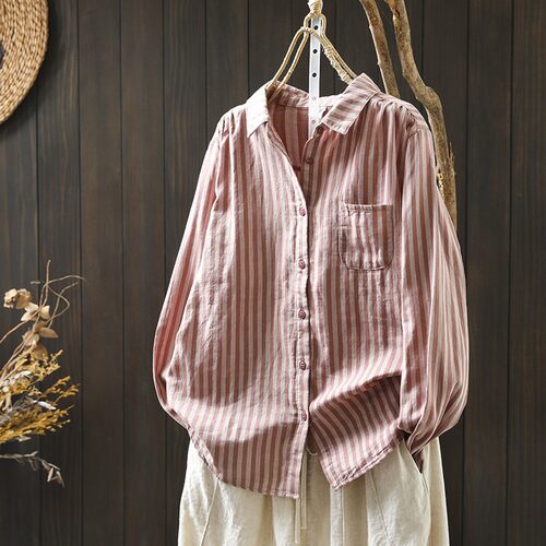 双层棉纱纯棉粉色条纹衬衫女长袖2026新款春季宽松休闲遮肉上衣