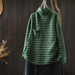 秋冬新款上衣女2025新款绿色高领条纹内搭宽松百搭棉线打底针织衫