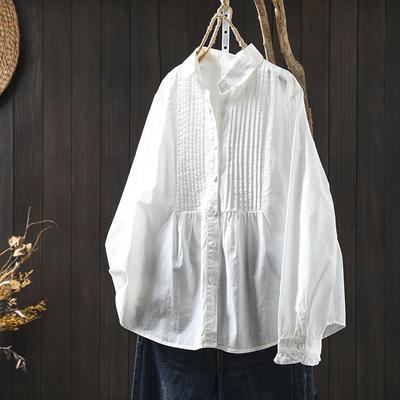 风琴捏褶纯棉衬衫2025新款女秋季休闲减龄百搭小个子叠穿内搭衬衣