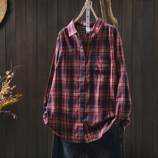 衬衣女款2026新款爆款红色格子衬衫长袖春季宽松纯棉复古妈妈上衣