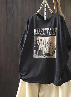 黑色短袖2026新款夏季印花潮流破洞设计感流行韩系宽松百搭t恤衫