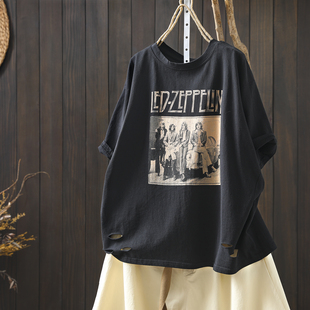 黑色短袖 夏季 印花潮流破洞设计感流行韩系宽松百搭t恤衫 2026新款