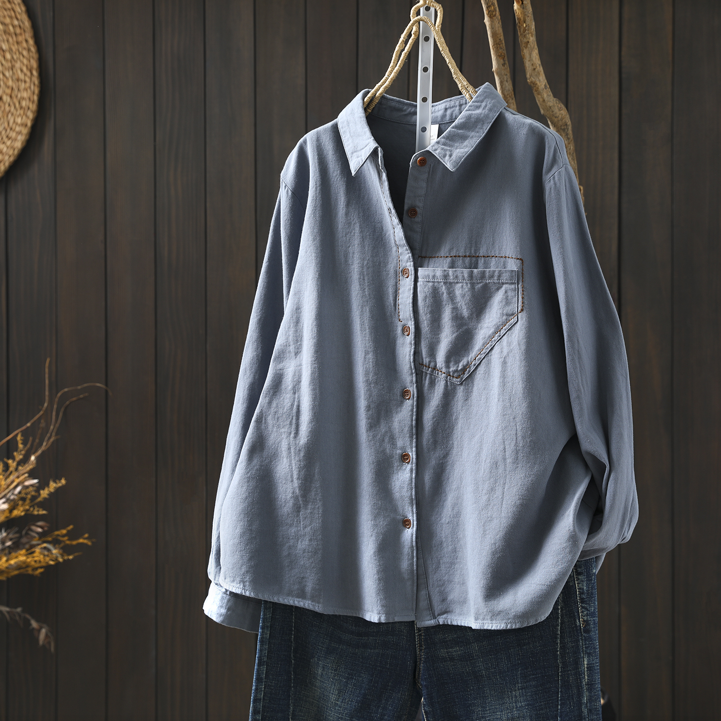 绝美巨好看的小衬衫女2025新款春季纯棉小众勾线口袋休闲蓝色衬衣