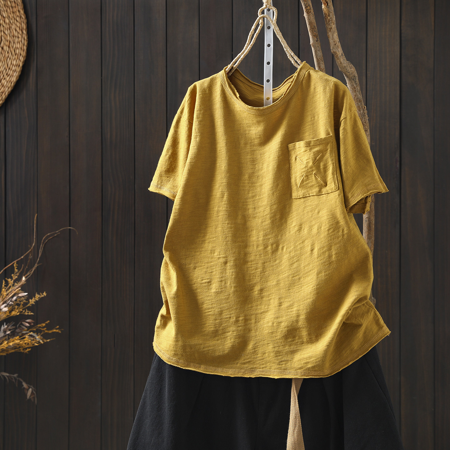 短袖女t恤夏2026新款黄色纯棉圆领超好看口袋宽松流行长袖小上衣,女装/女士精品,T恤,淘宝优惠券,粉丝福利购,淘宝优惠卷