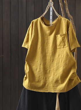 短袖女t恤夏2026新款黄色纯棉圆领超好看口袋宽松流行长袖小上衣