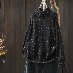 毛衣女秋冬季 半高领印花碎花棉线针织宽松复古保暖毛线衣 2025新款