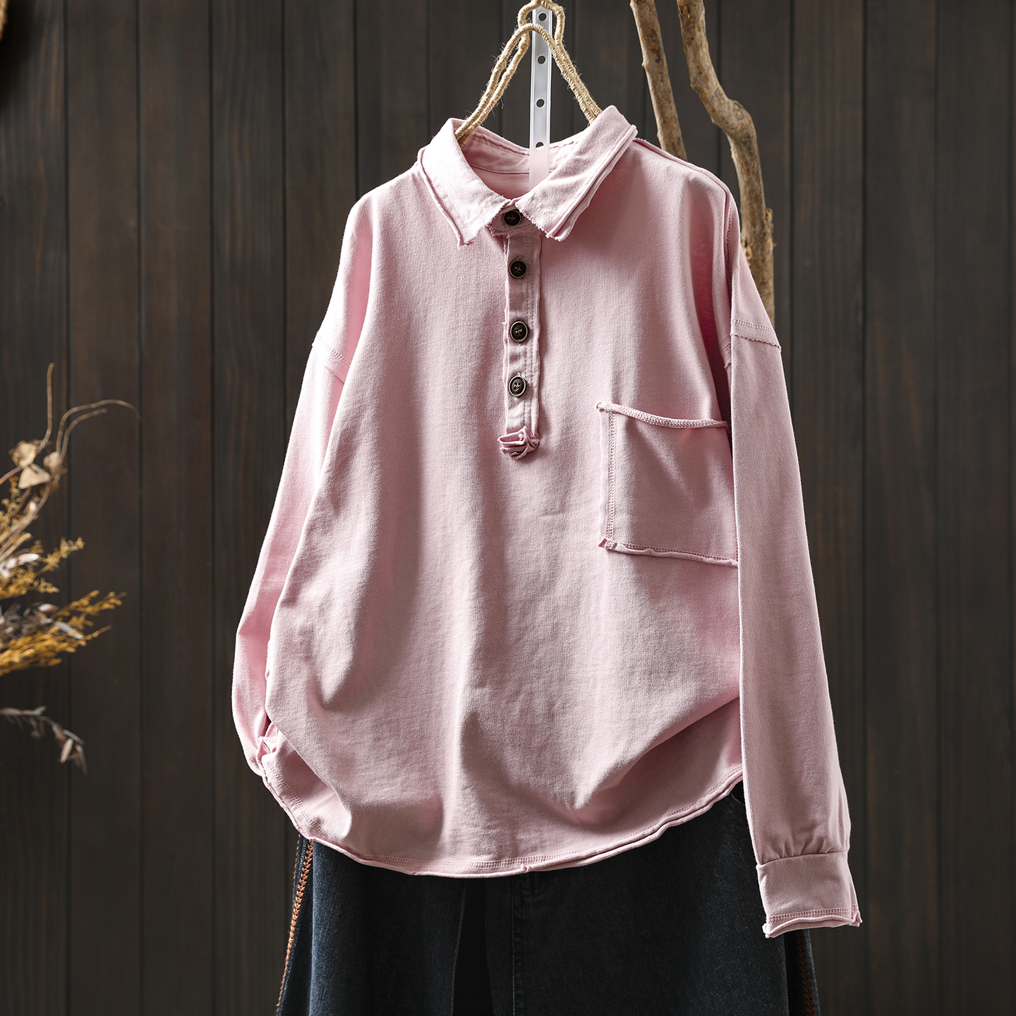 气质女士上衣2025秋新粉色卷边小众设计感宽松打底外穿polo领卫衣