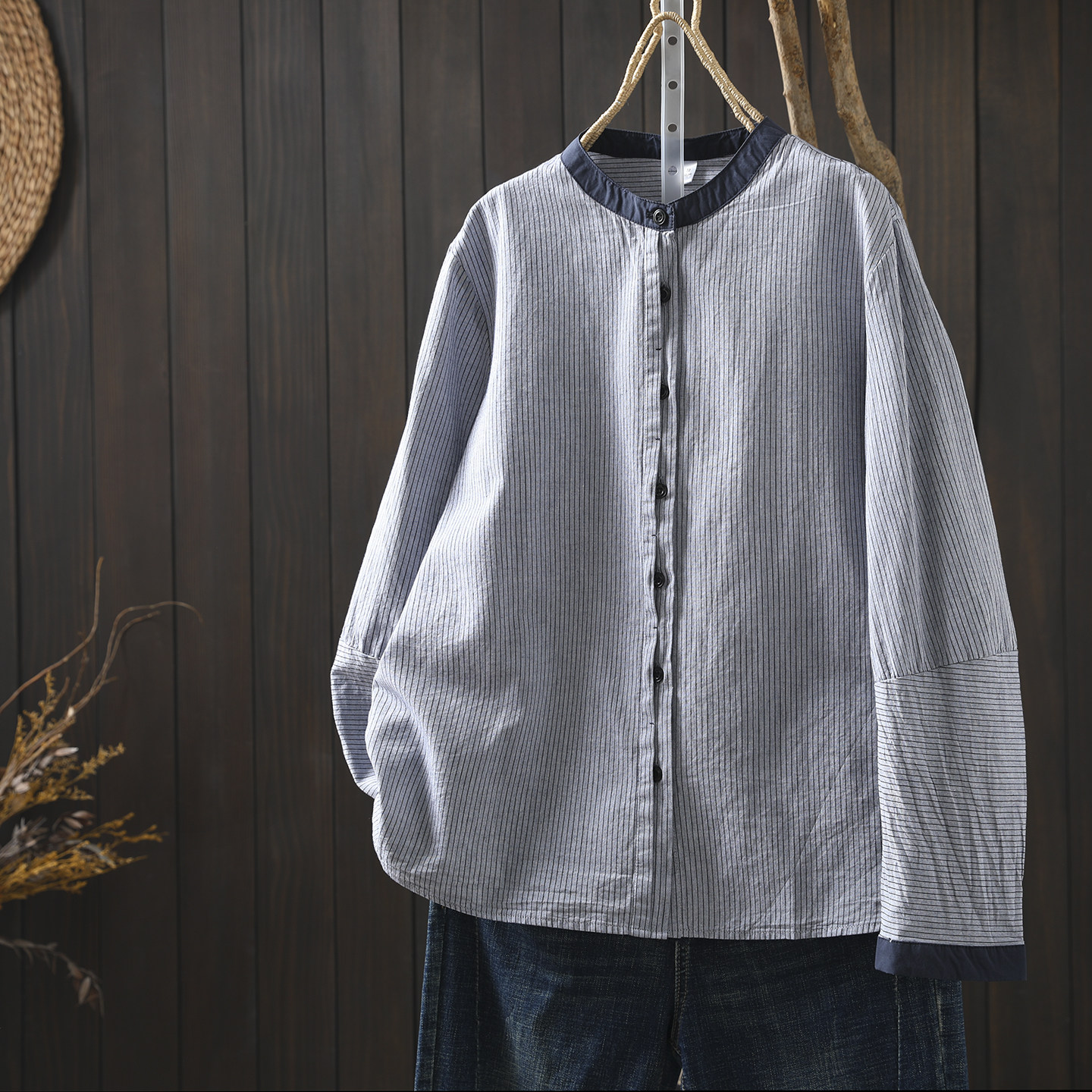 条纹衬衫女上衣2026春新款纯棉撞色小立领拼接设计感文艺休闲衬衣