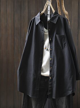 2026年秋装女士新款上衣韩系简约通勤设计感黑色气质纯棉长袖衬衫
