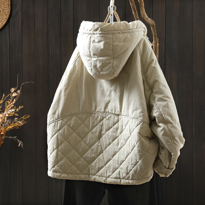 洋气独特别致小棉袄女士2025冬新款菱格连帽夹棉二棉胖mm宽松棉服