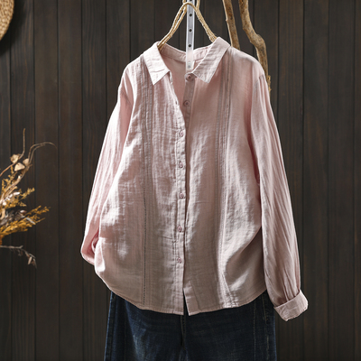 秋上衣女2025新款双层棉纱镂空小众文艺宽松减龄百搭休闲长袖衬衫