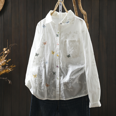 蝴蝶刺绣白衬衫上衣女高级感轻奢减龄洋气秋宽松休闲百搭长袖上衣