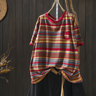 红色上衣女新款2026夏季炒色条纹短袖大码超好看洋气减龄休闲t恤