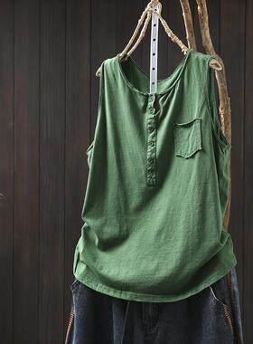 绿色纯棉竹节棉无袖休闲背心女士上衣2026夏季新内搭外穿休闲吊带